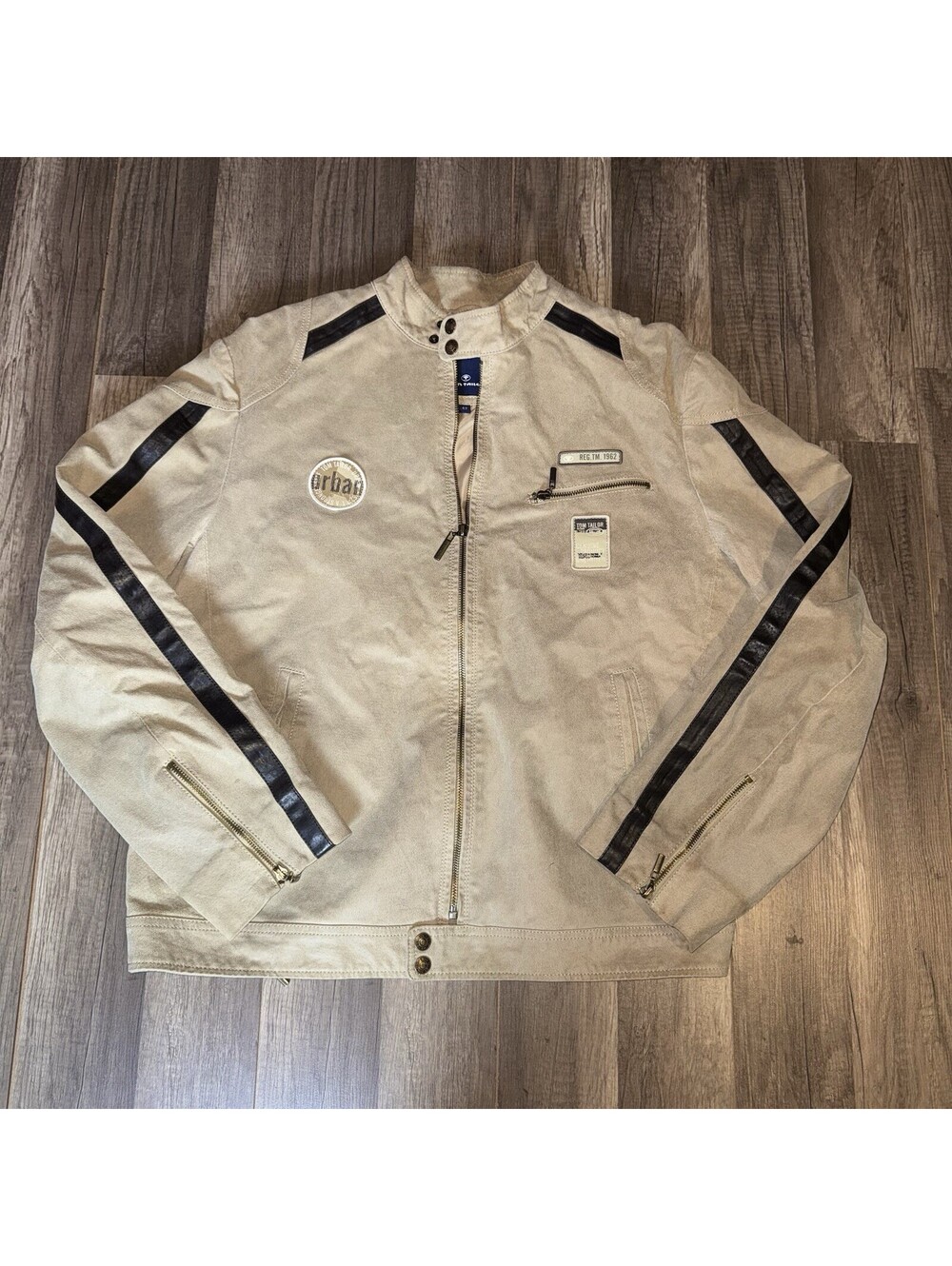 Tom Tailor Genuine Leather Moto Jacket Men’s Size 52 Beige Cafe Racer Biker Larg